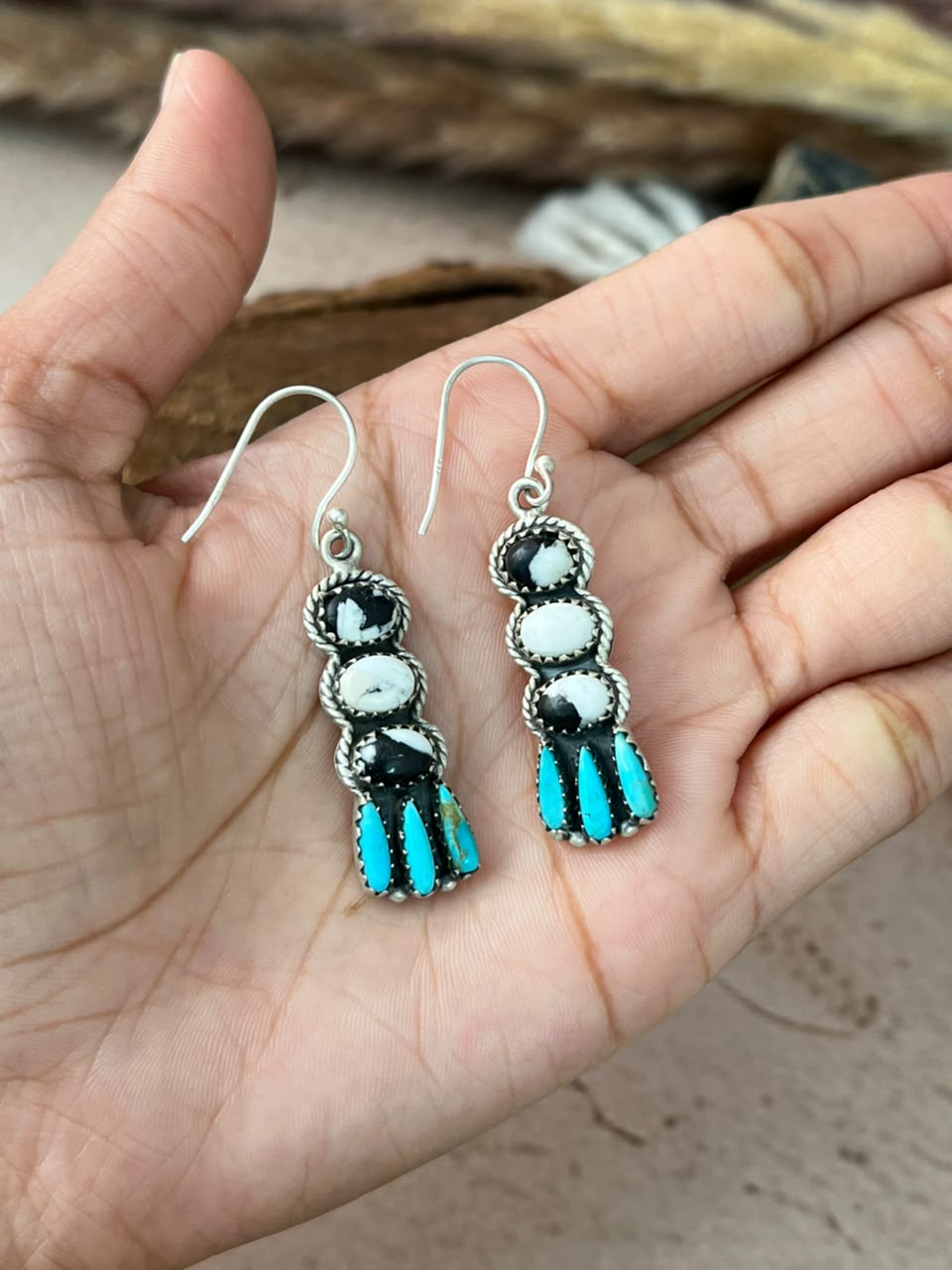 Handmade Sterling Silver Kingman Turquoise with White Buffalo Hook Dangle Earrings Signed Nizhoni