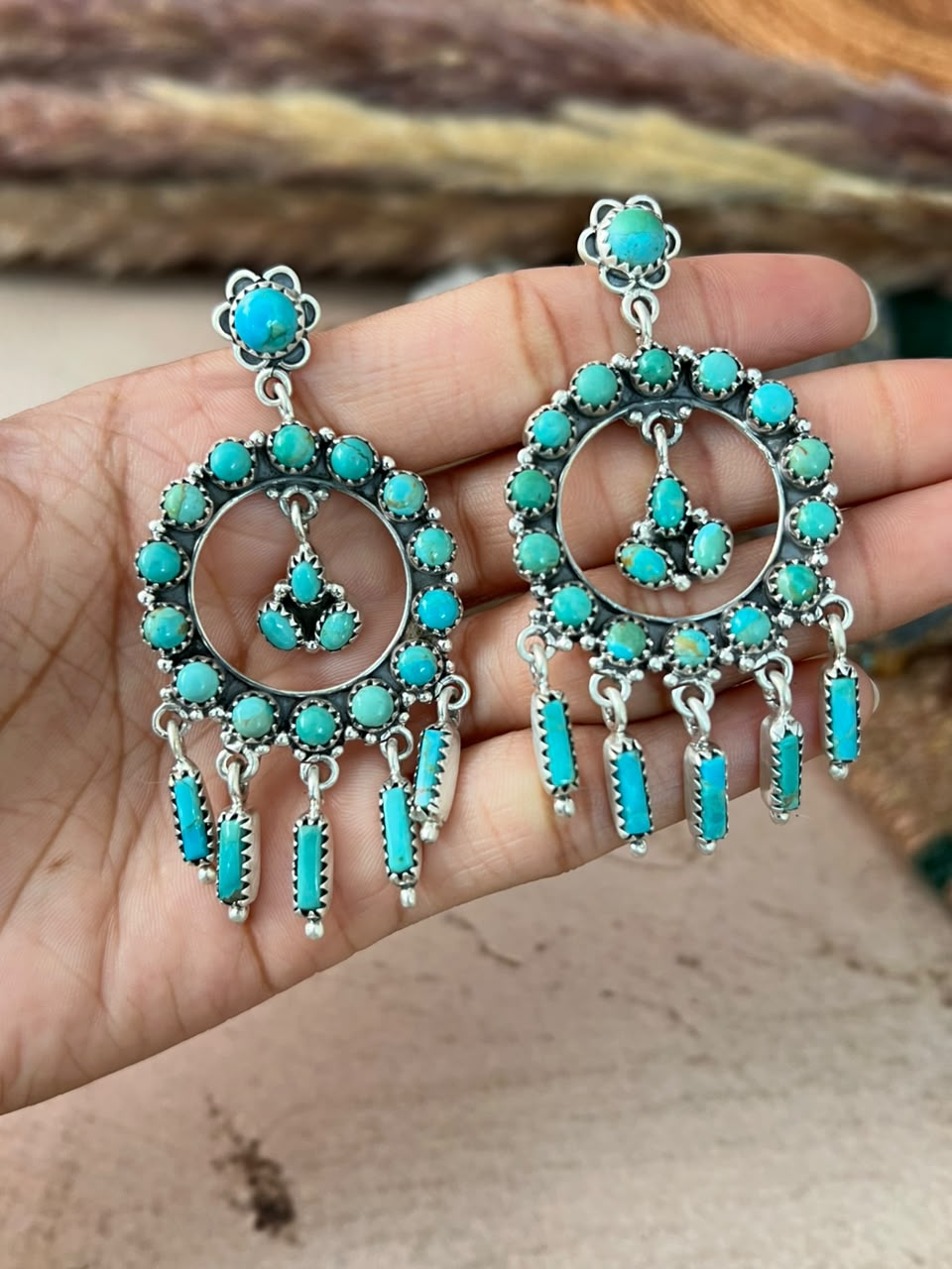 Handmade Sterling Silver Kingman Turquoise Post Dangle Earrings Signed Nizhoni
