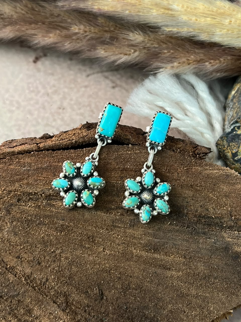 Handmade Sterling Silver Kingman Turquoise Post Dangle Earrings Signed Nizhoni
