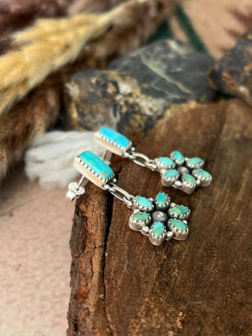 Handmade Sterling Silver Kingman Turquoise Post Dangle Earrings Signed Nizhoni