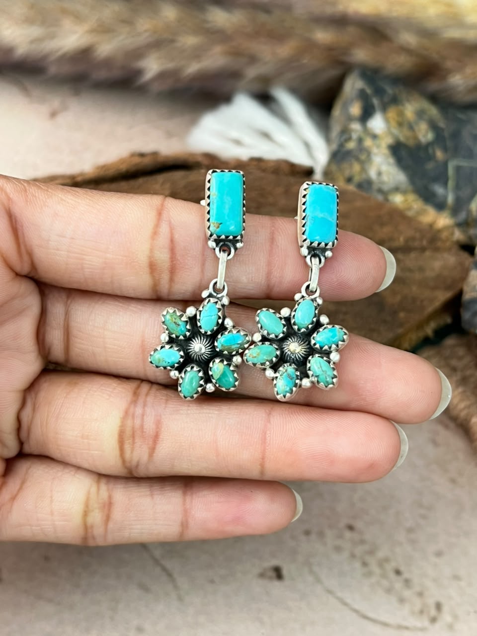 Handmade Sterling Silver Kingman Turquoise Post Dangle Earrings Signed Nizhoni