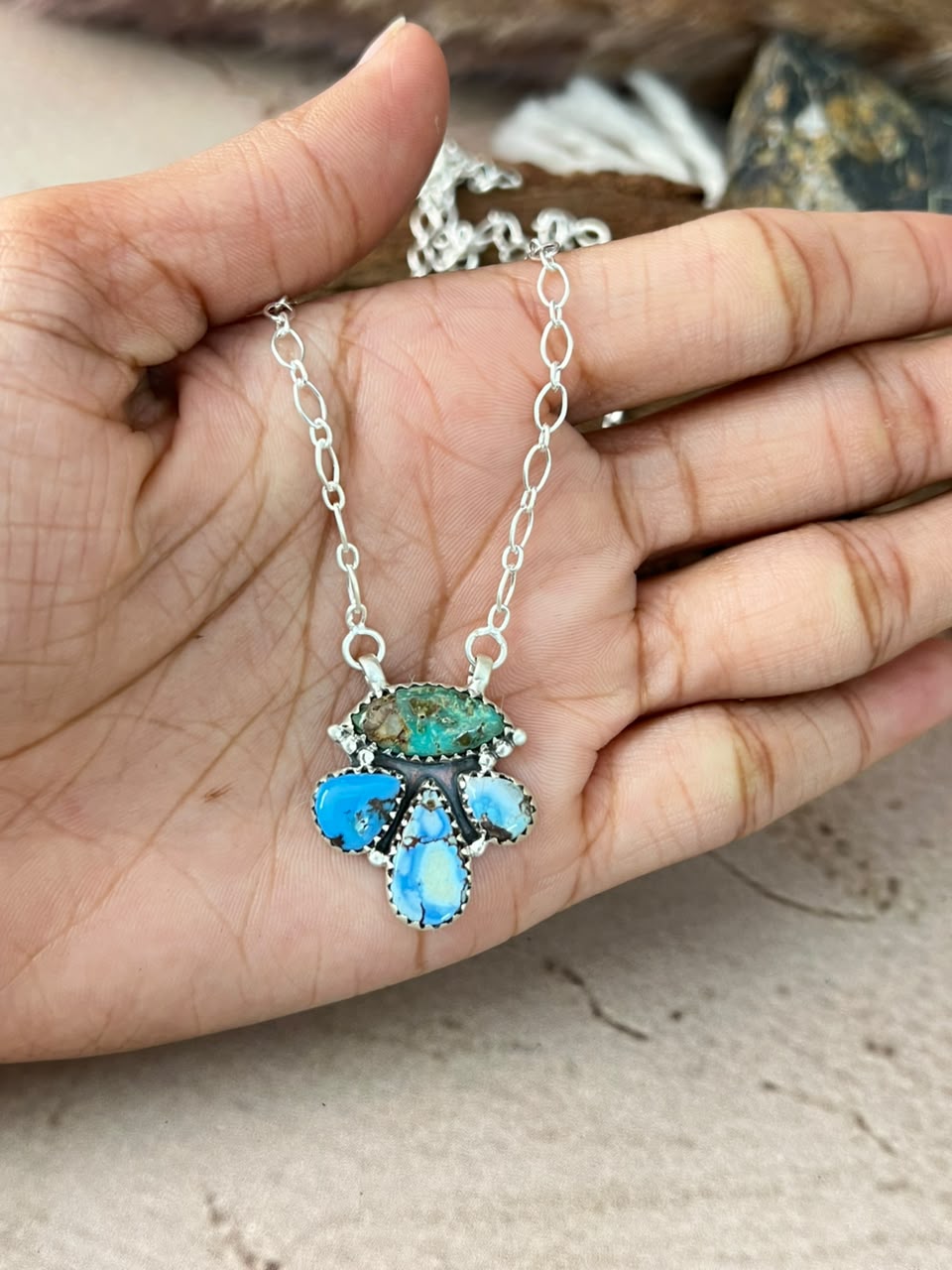 Handmade Sterling Silver Golden Hills with Sonoran Mountain Turquoise Necklace Signed Nizhoni