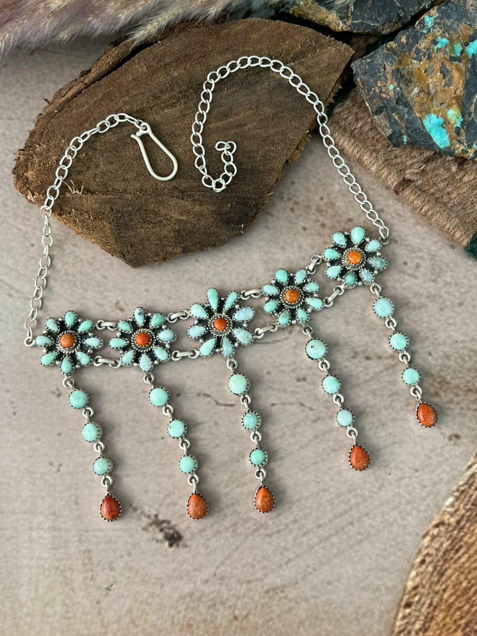 Handmade Sterling Silver Paloma Turquoise with Orange Mojave Choker Necklace Signed Nizhoni