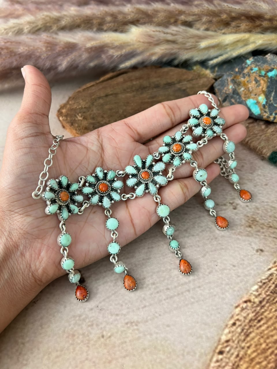 Handmade Sterling Silver Paloma Turquoise with Orange Mojave Choker Necklace Signed Nizhoni
