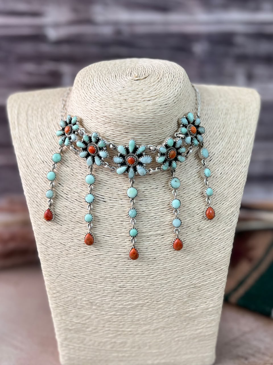 Handmade Sterling Silver Paloma Turquoise with Orange Mojave Choker Necklace Signed Nizhoni