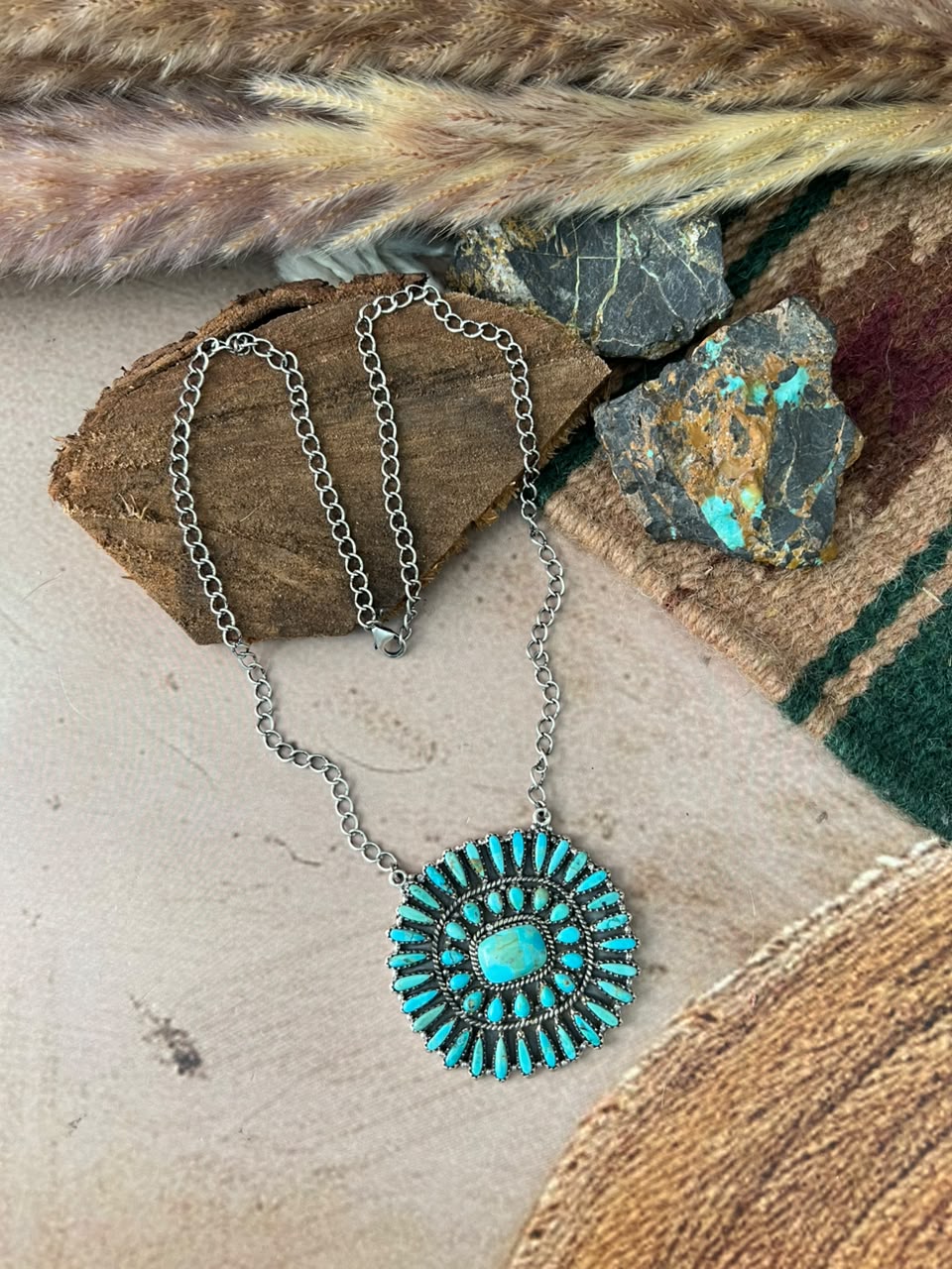 Handmade Sterling Silver Kingman Turquoise Necklace Signed Nizhoni