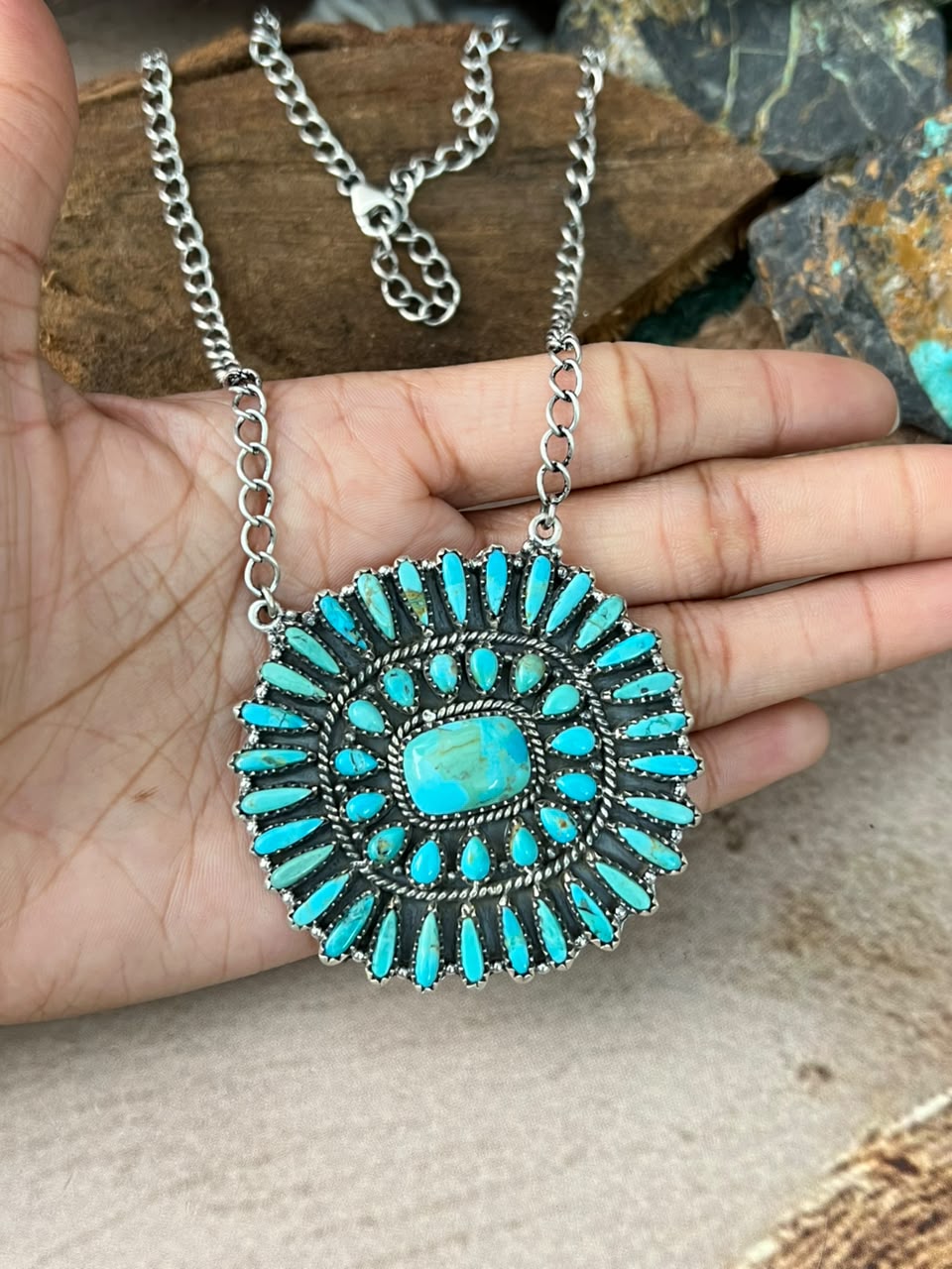 Handmade Sterling Silver Kingman Turquoise Necklace Signed Nizhoni