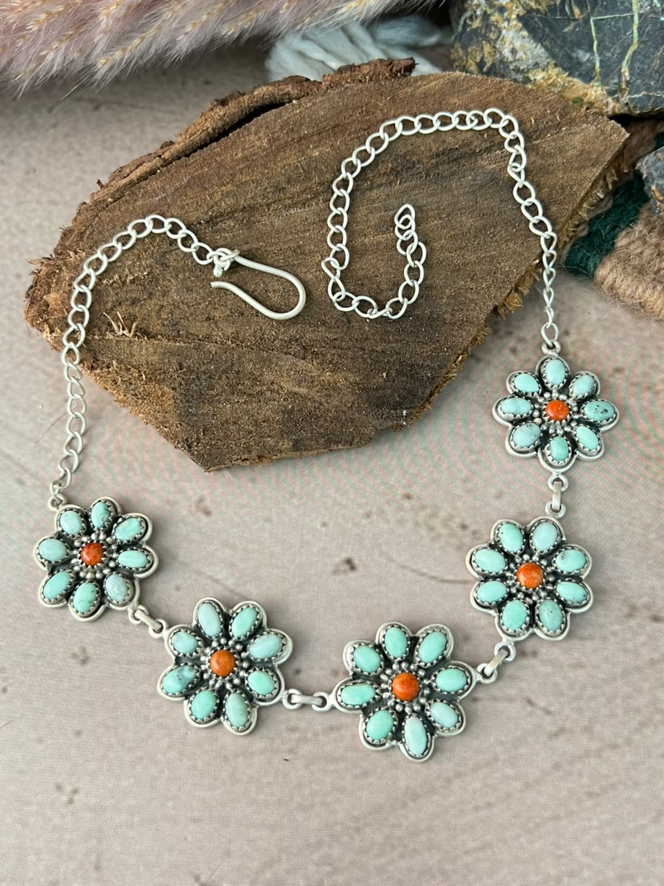 Handmade Sterling Silver Paloma Turquoise with Orange Mojave Choker Necklace Signed Nizhoni