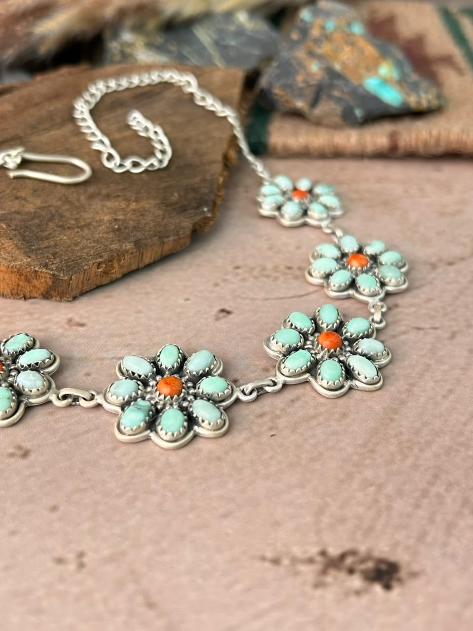 Handmade Sterling Silver Paloma Turquoise with Orange Mojave Choker Necklace Signed Nizhoni