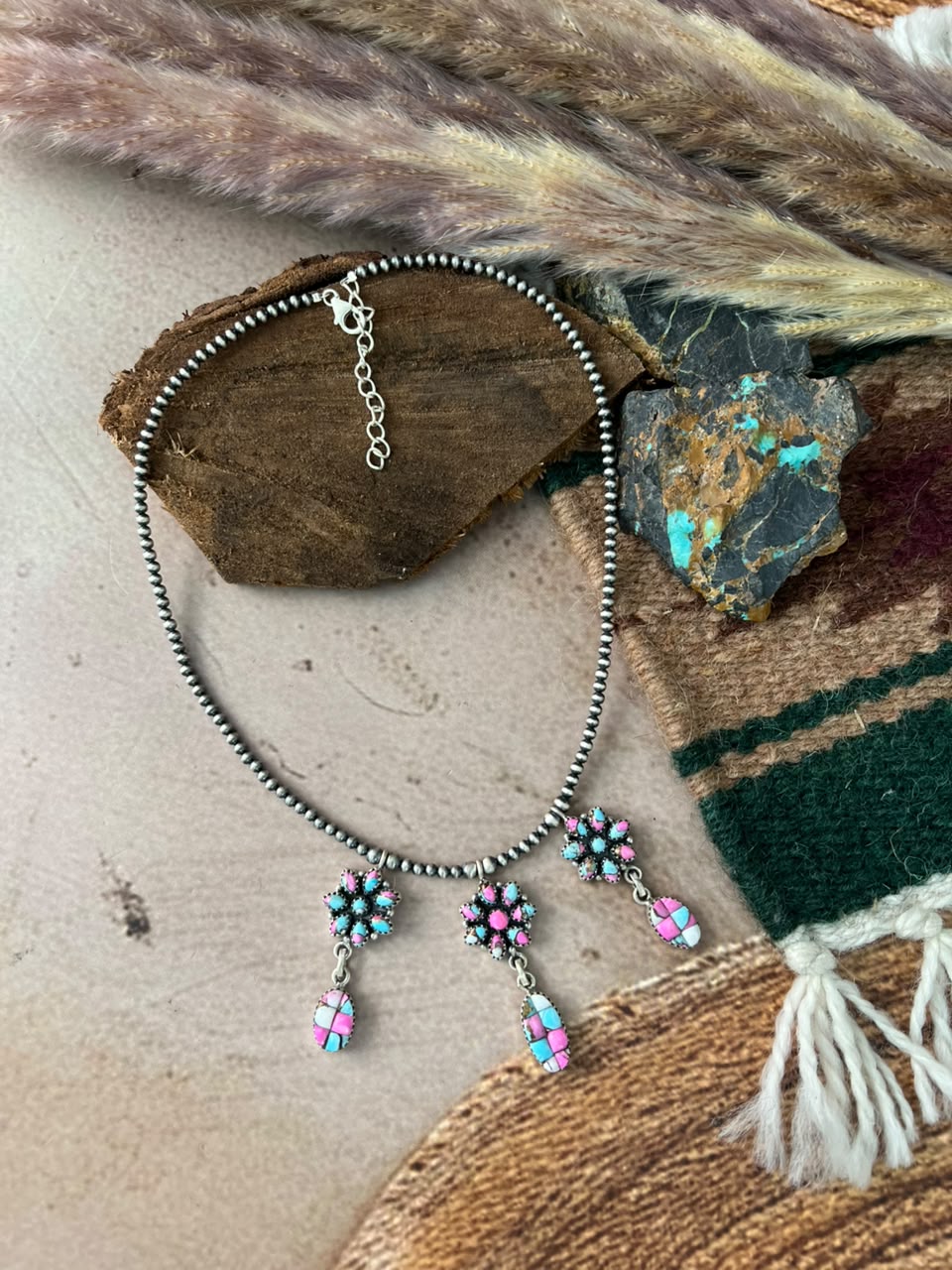 Handmade Sterling Silver Cotton Candy Cobble Stone Beaded Necklace Signed Nizhoni