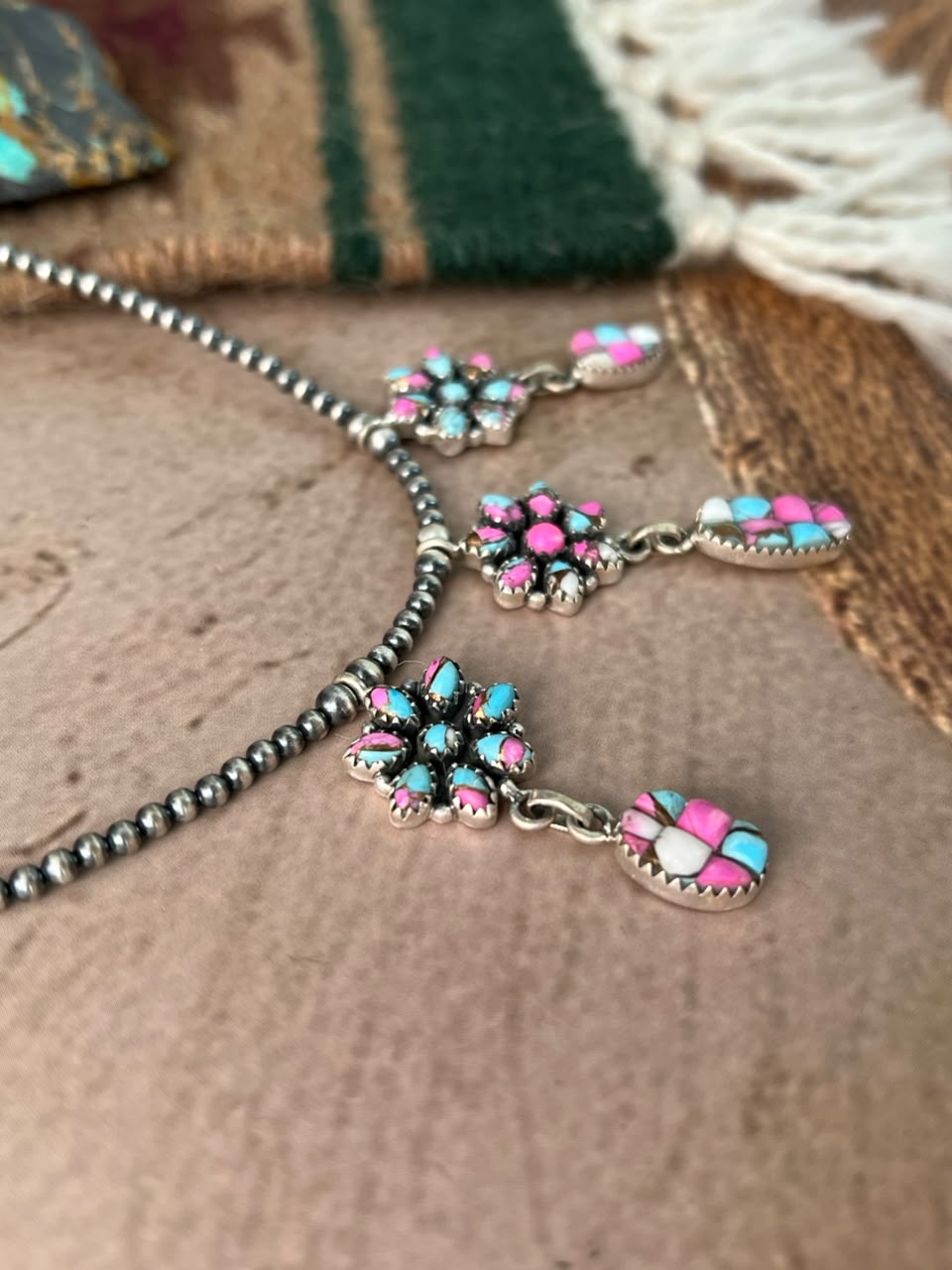 Handmade Sterling Silver Cotton Candy Cobble Stone Beaded Necklace Signed Nizhoni
