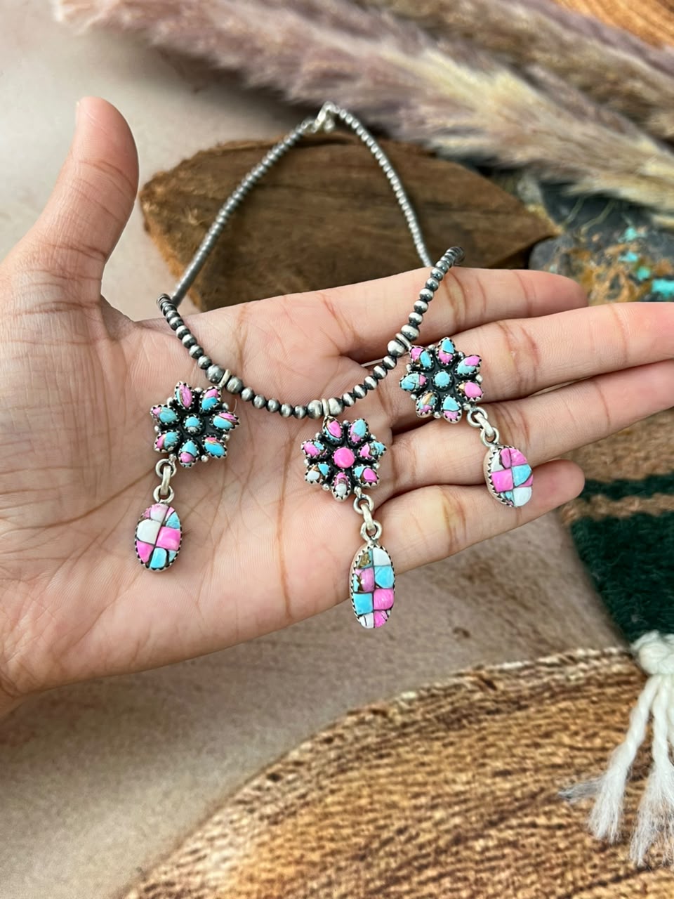 Handmade Sterling Silver Cotton Candy Cobble Stone Beaded Necklace Signed Nizhoni