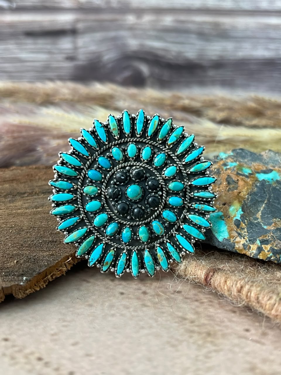 Handmade Sterling Silver Kingman Turquoise with White Buffalo Adjustable Ring Signed Nizhoni