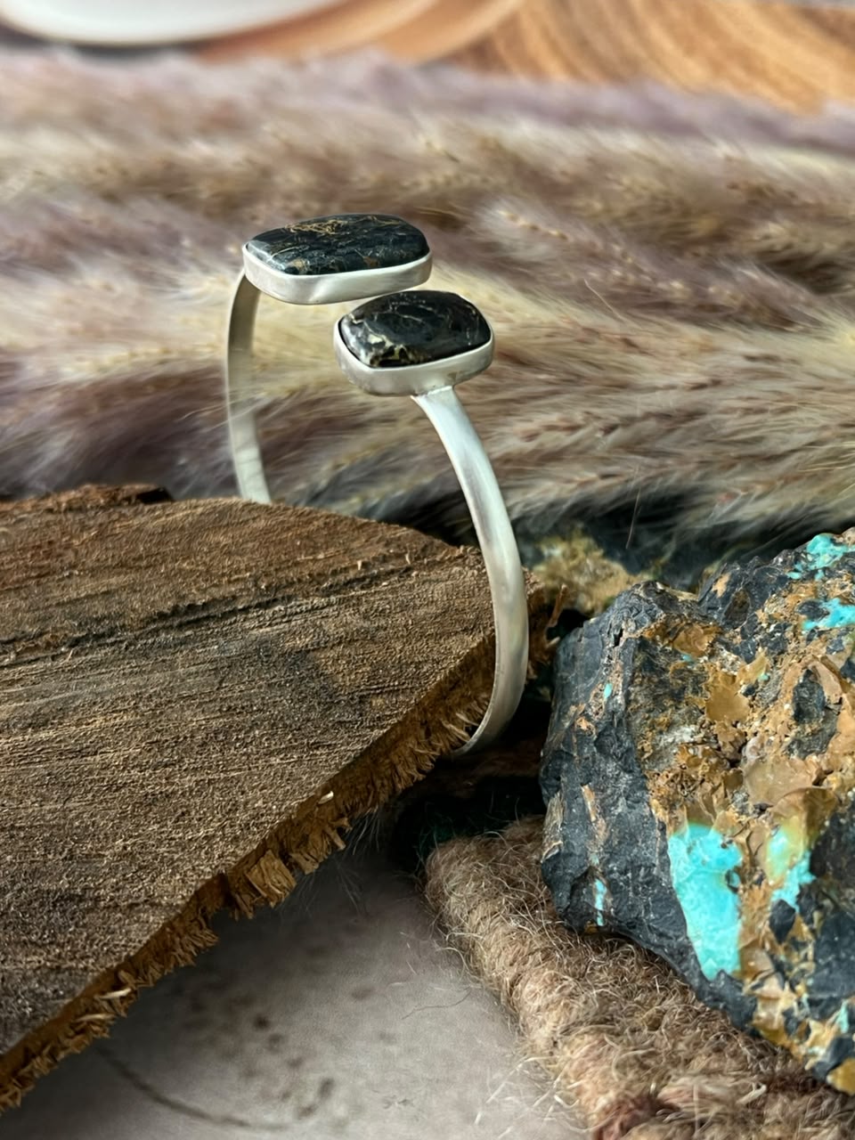Handmade Sterling Silver Blackjack Turquoise Cuff Bracelet Signed Nizhoni