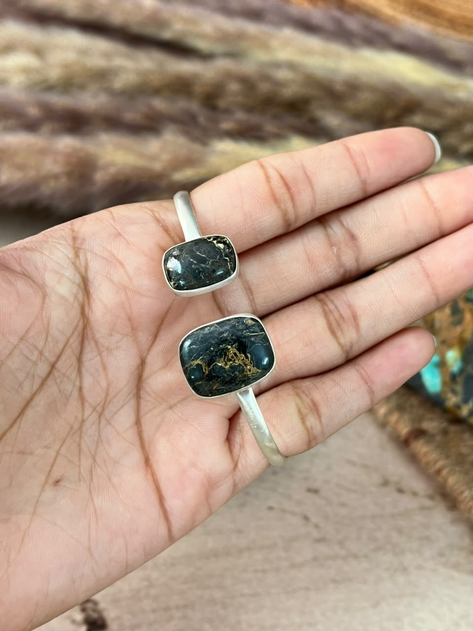 Handmade Sterling Silver Blackjack Turquoise Cuff Bracelet Signed Nizhoni