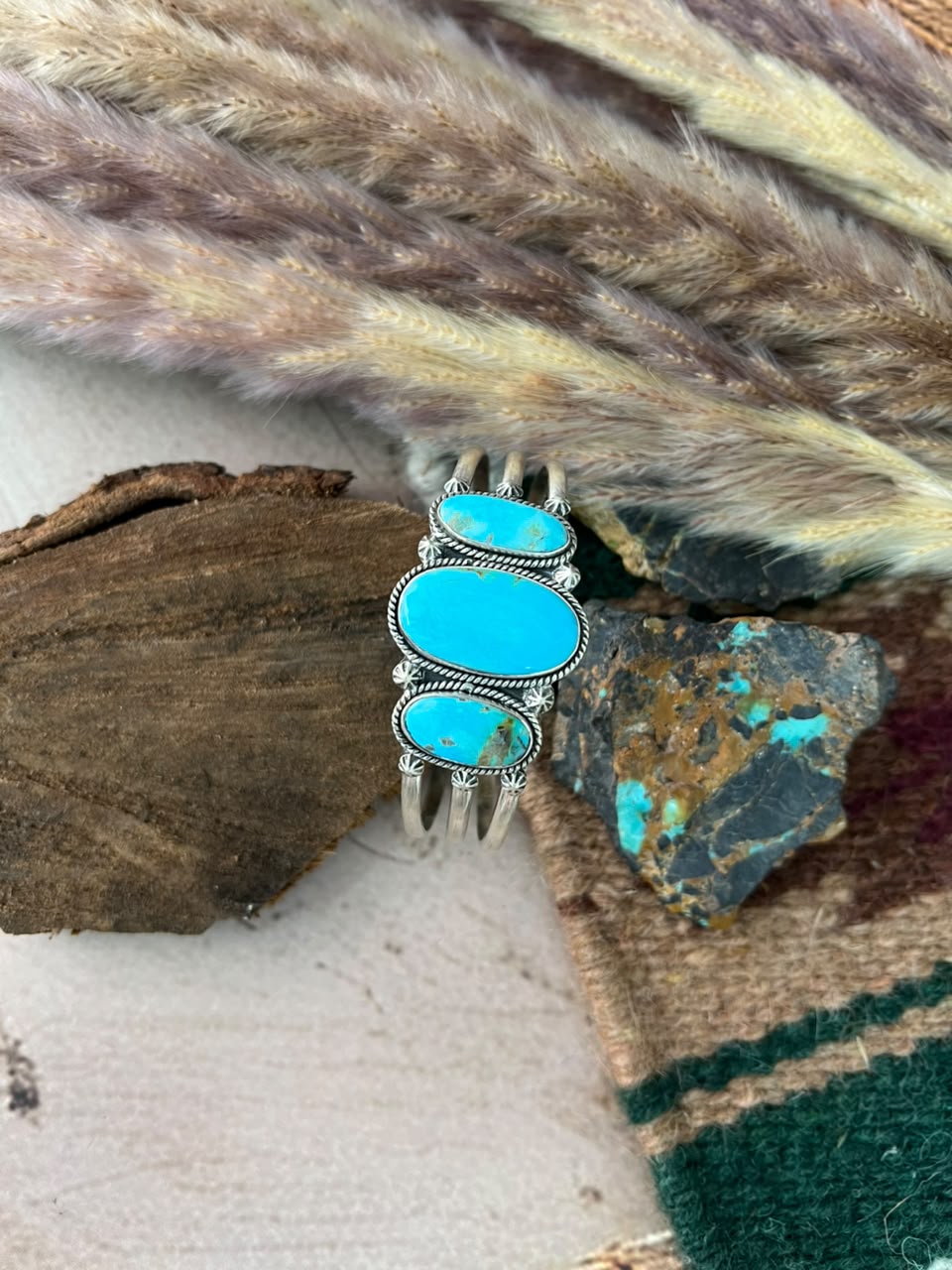 Handmade Sterling Silver Easter Blue Turquoise Cuff Bracelet Signed Nizhoni