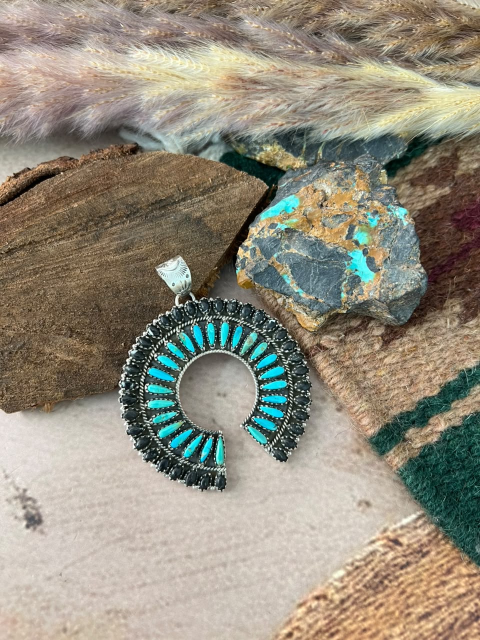 Handmade Sterling Silver Kingman Turquoise with White Buffalo Naja Pendant Signed Nizhoni (7)