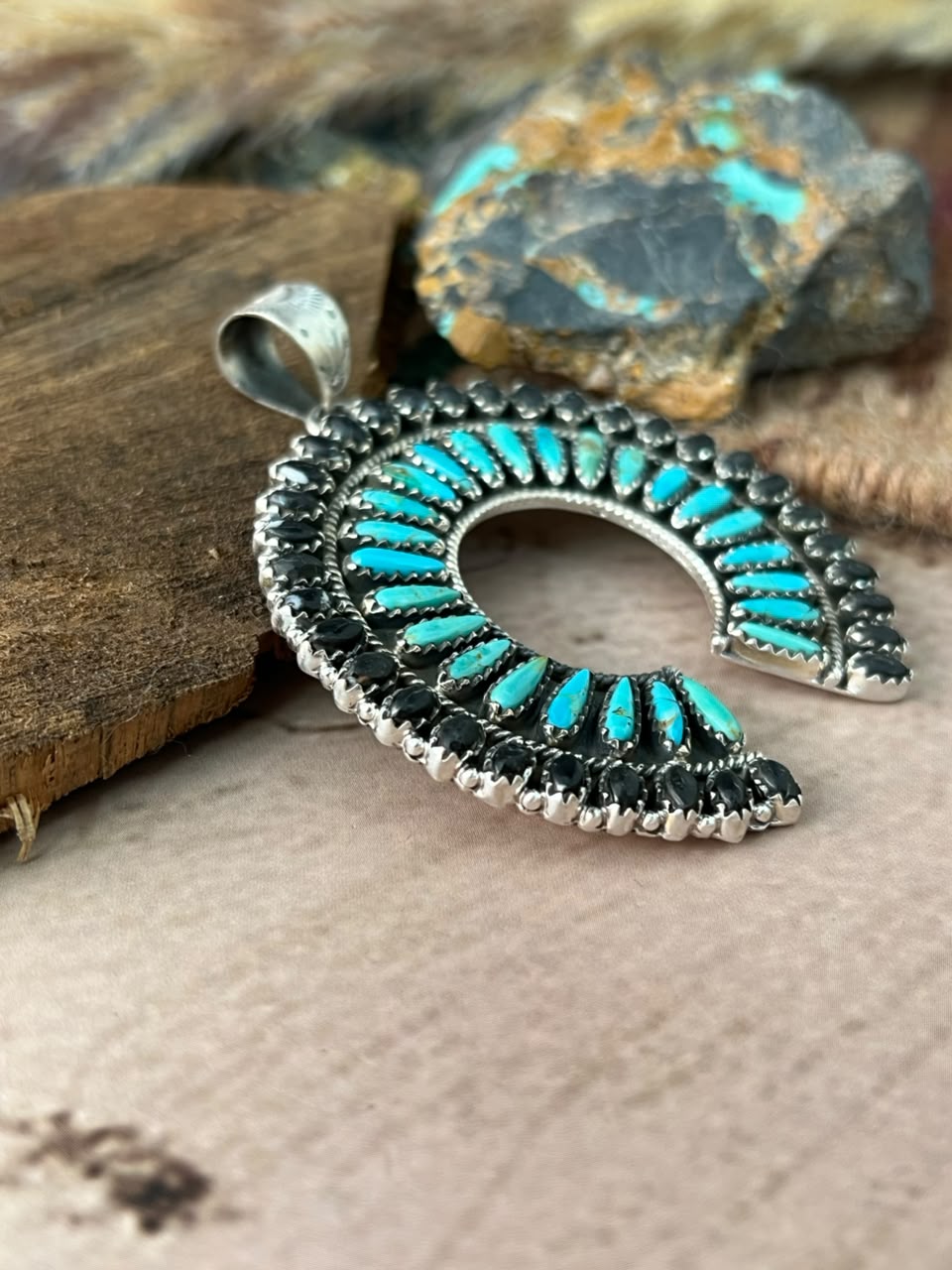 Handmade Sterling Silver Kingman Turquoise with White Buffalo Naja Pendant Signed Nizhoni (7)
