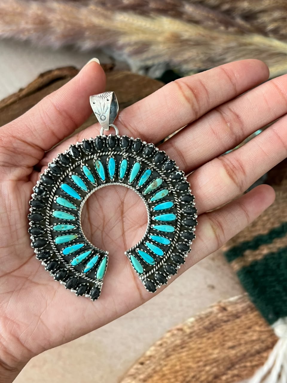 Handmade Sterling Silver Kingman Turquoise with White Buffalo Naja Pendant Signed Nizhoni (7)