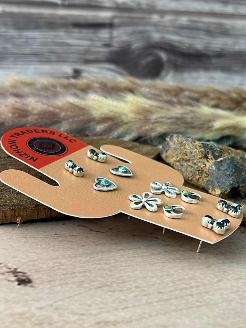 Handmade Sterling Silver Kingman Turquoise with White Buffalo Post Studs Cards