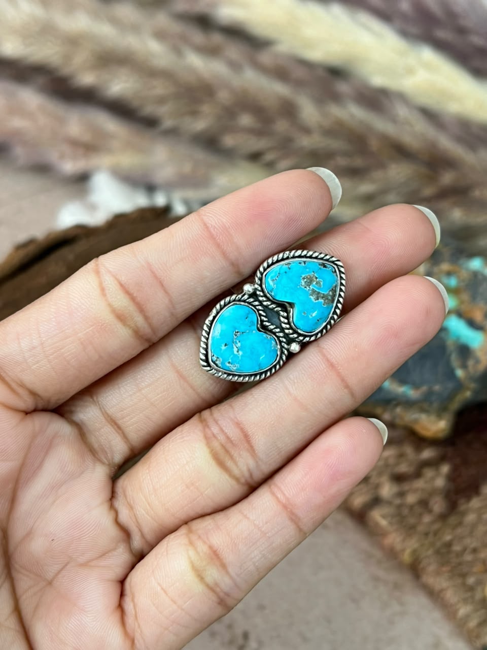 Handmade Sterling Silver Sierra Bella Turquoise Heart Adjustable Ring Signed Nizhoni
