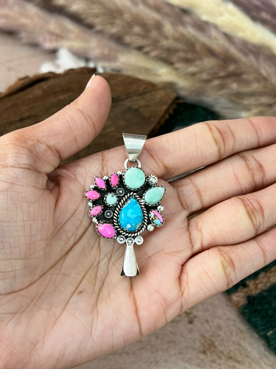 Handmade Sterling Silver Cotton Candy with White Water and Paloma Turquoise Squash Blossom Pendant Signed Nizhoni