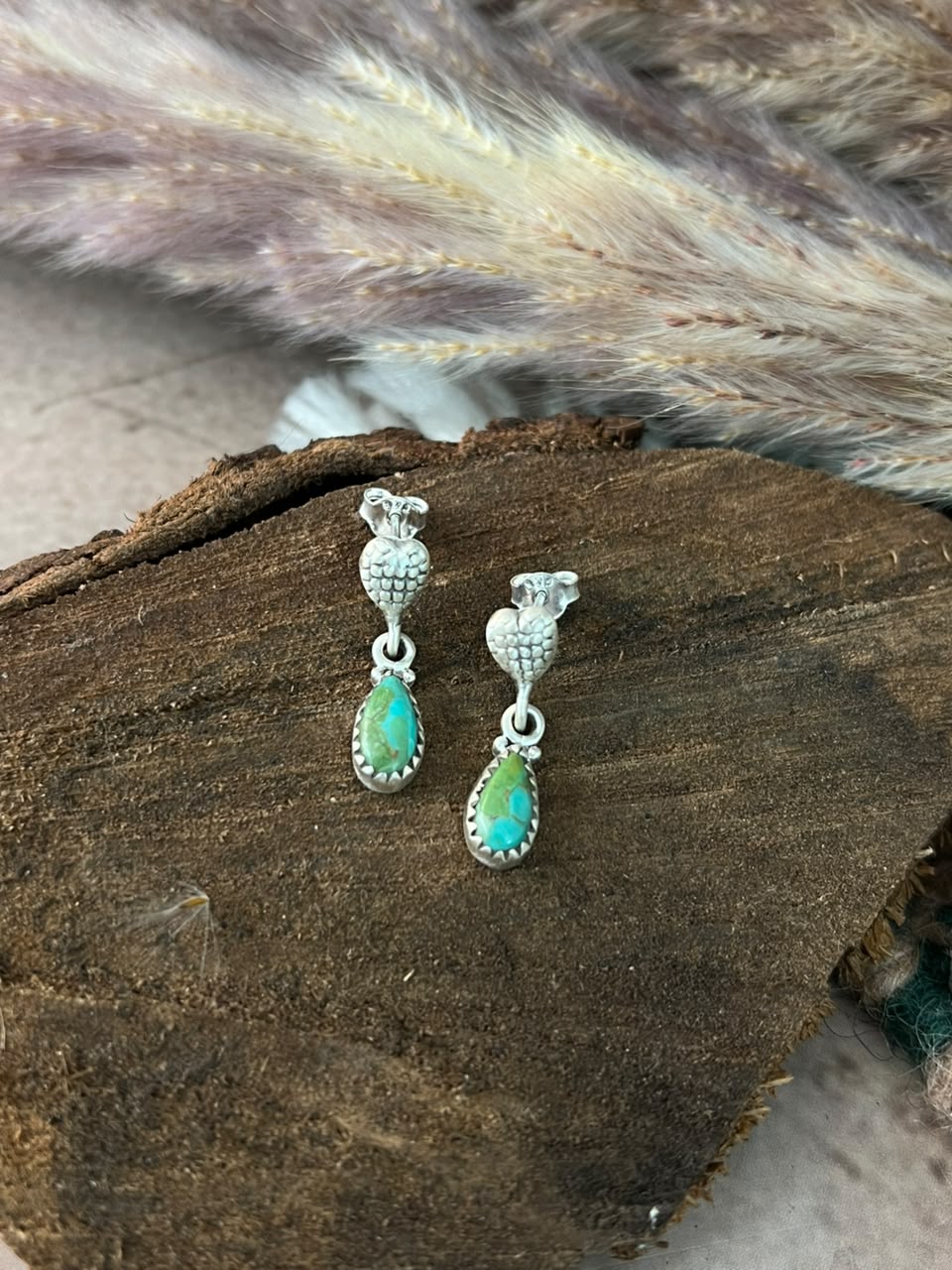 Handmade Sterling Silver Kingman Turquoise Post Dangle Earrings Signed Nizhoni