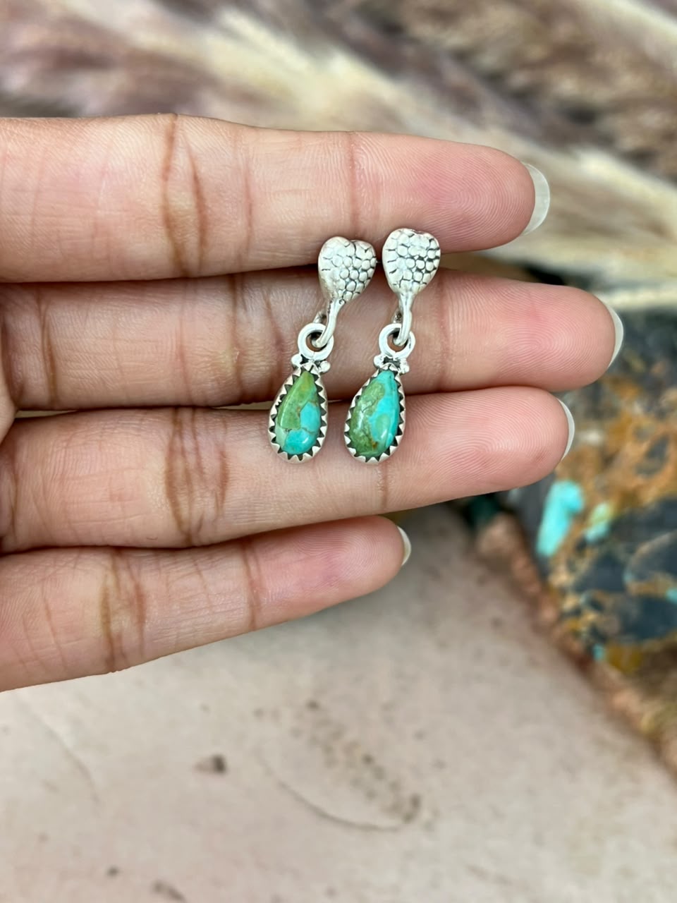 Handmade Sterling Silver Kingman Turquoise Post Dangle Earrings Signed Nizhoni