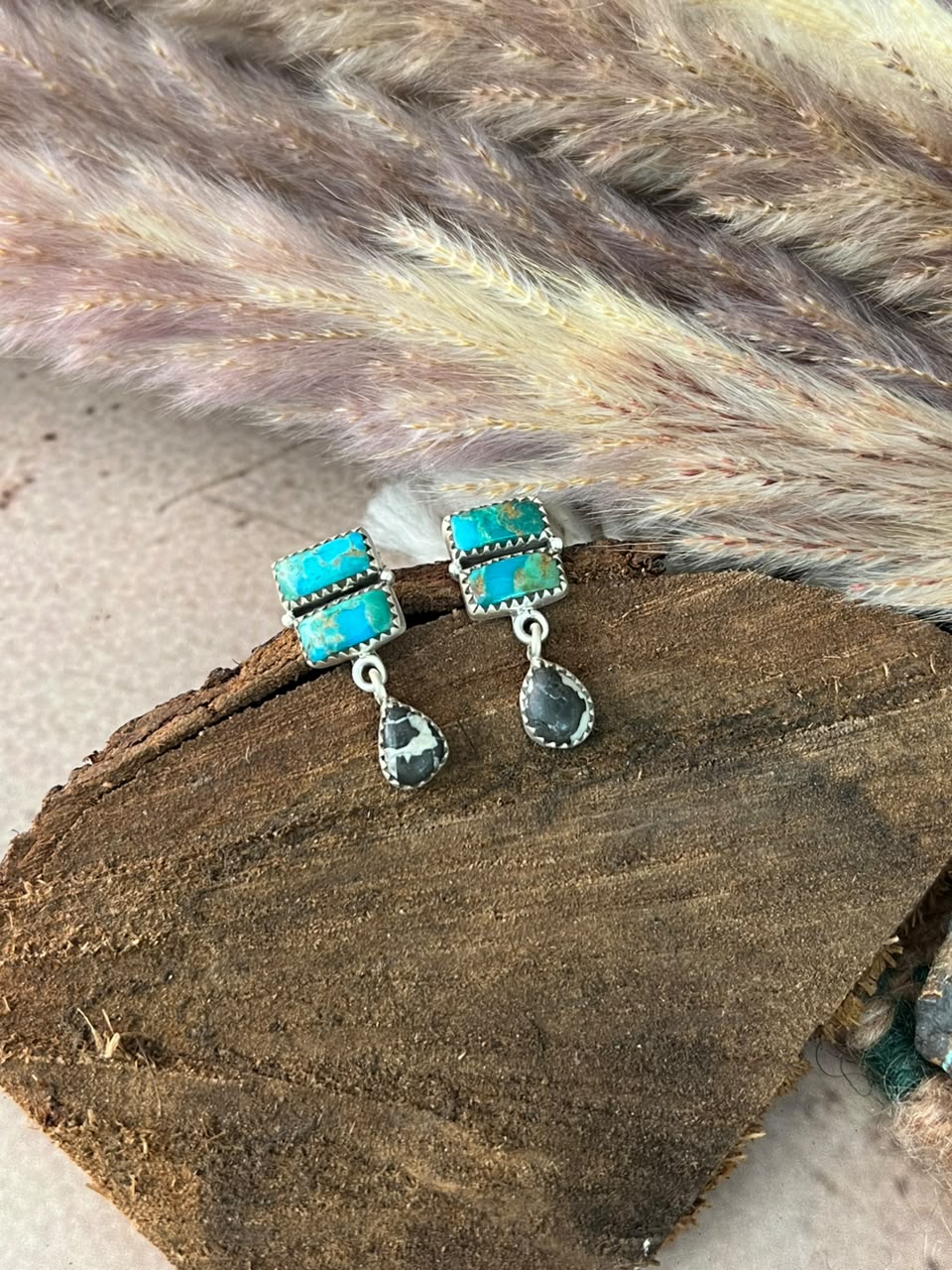 Handmade Sterling Silver Kingman Turquoise with White Buffalo Post Dangle Earrings Signed Nizhoni
