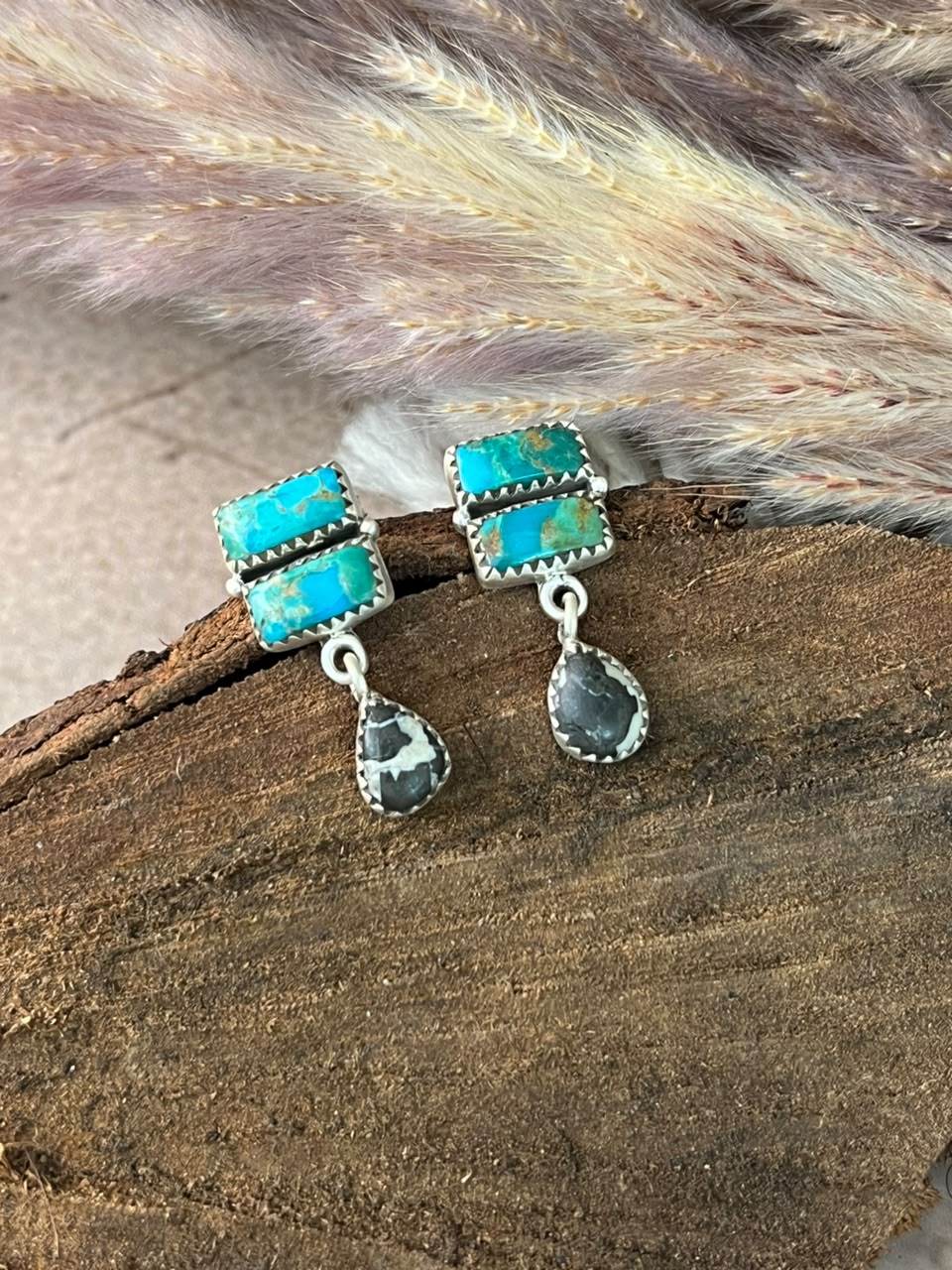 Handmade Sterling Silver Kingman Turquoise with White Buffalo Post Dangle Earrings Signed Nizhoni