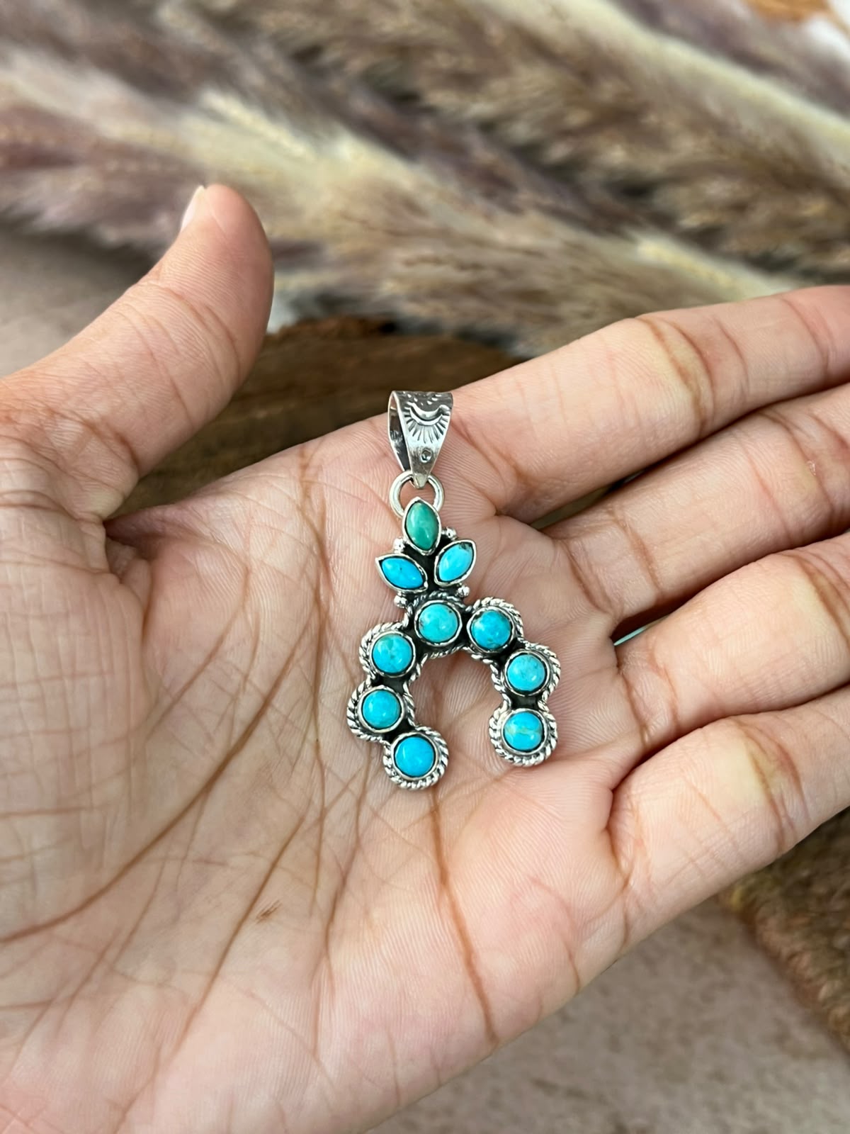 Handmade Sterling Silver Kingman Turquoise Naja Pendant Signed Nizhoni