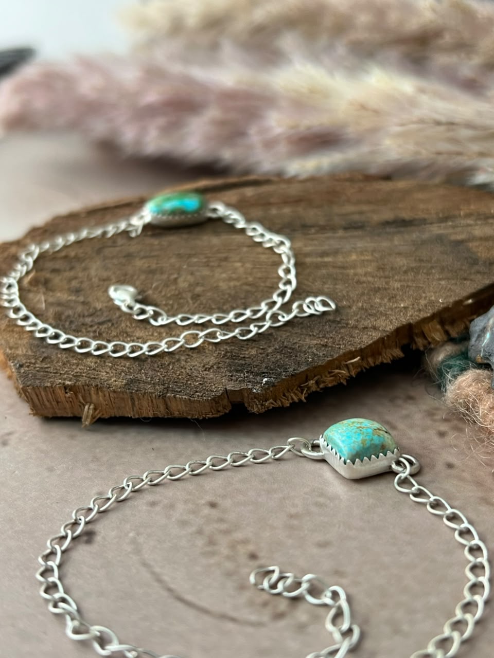 Handmade Sterling Silver Sonoran Mountain and Number 8 Turquoise Chain Bracelet Signed Nizhoni