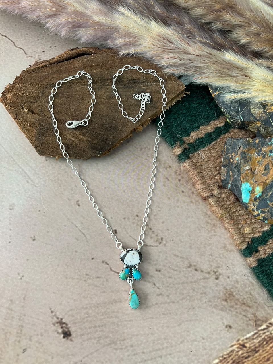 Handmade Sterling Silver Kingman Turquoise with White Buffalo Necklace Signed Nizhoni