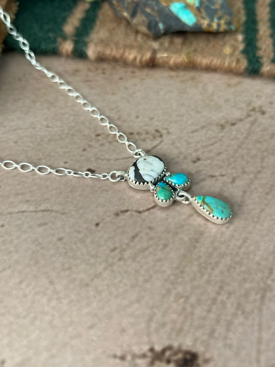Handmade Sterling Silver Kingman Turquoise with White Buffalo Necklace Signed Nizhoni