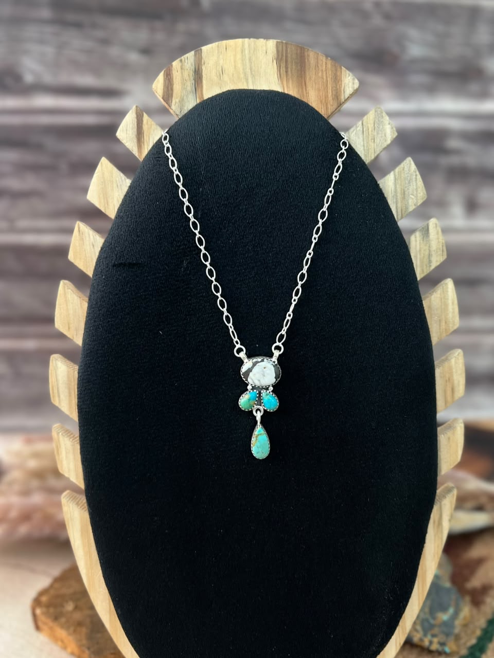Handmade Sterling Silver Kingman Turquoise with White Buffalo Necklace Signed Nizhoni