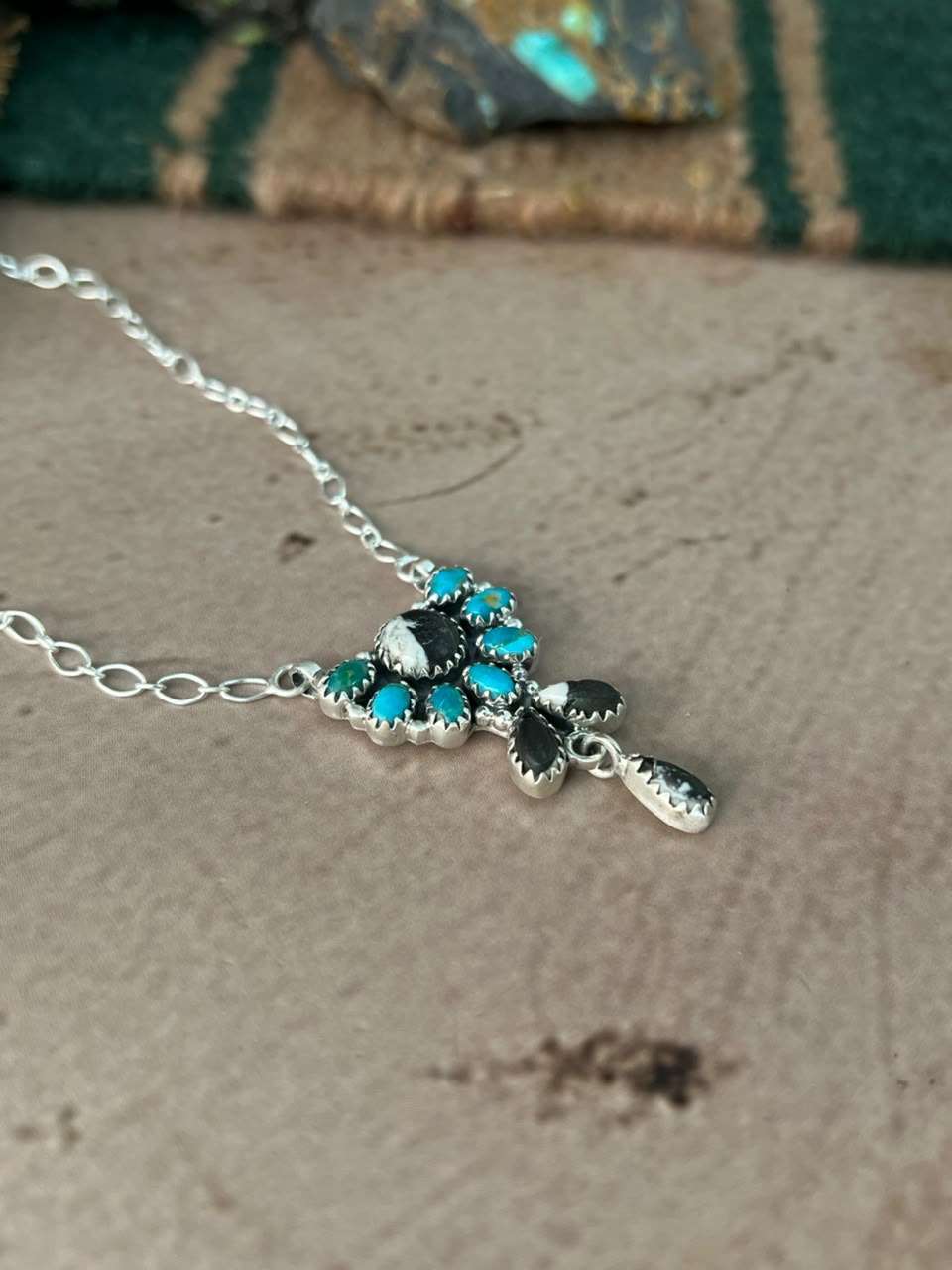 Handmade Sterling Silver Kingman Turquoise with White Buffalo Necklace Signed Nizhoni