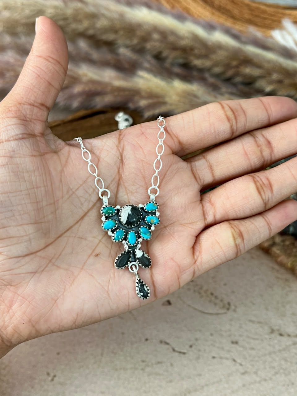 Handmade Sterling Silver Kingman Turquoise with White Buffalo Necklace Signed Nizhoni