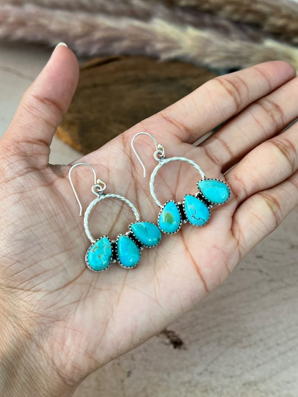 Handmade Sterling Silver Kingman Turquoise Hook Dangle Earrings Signed Nizhoni