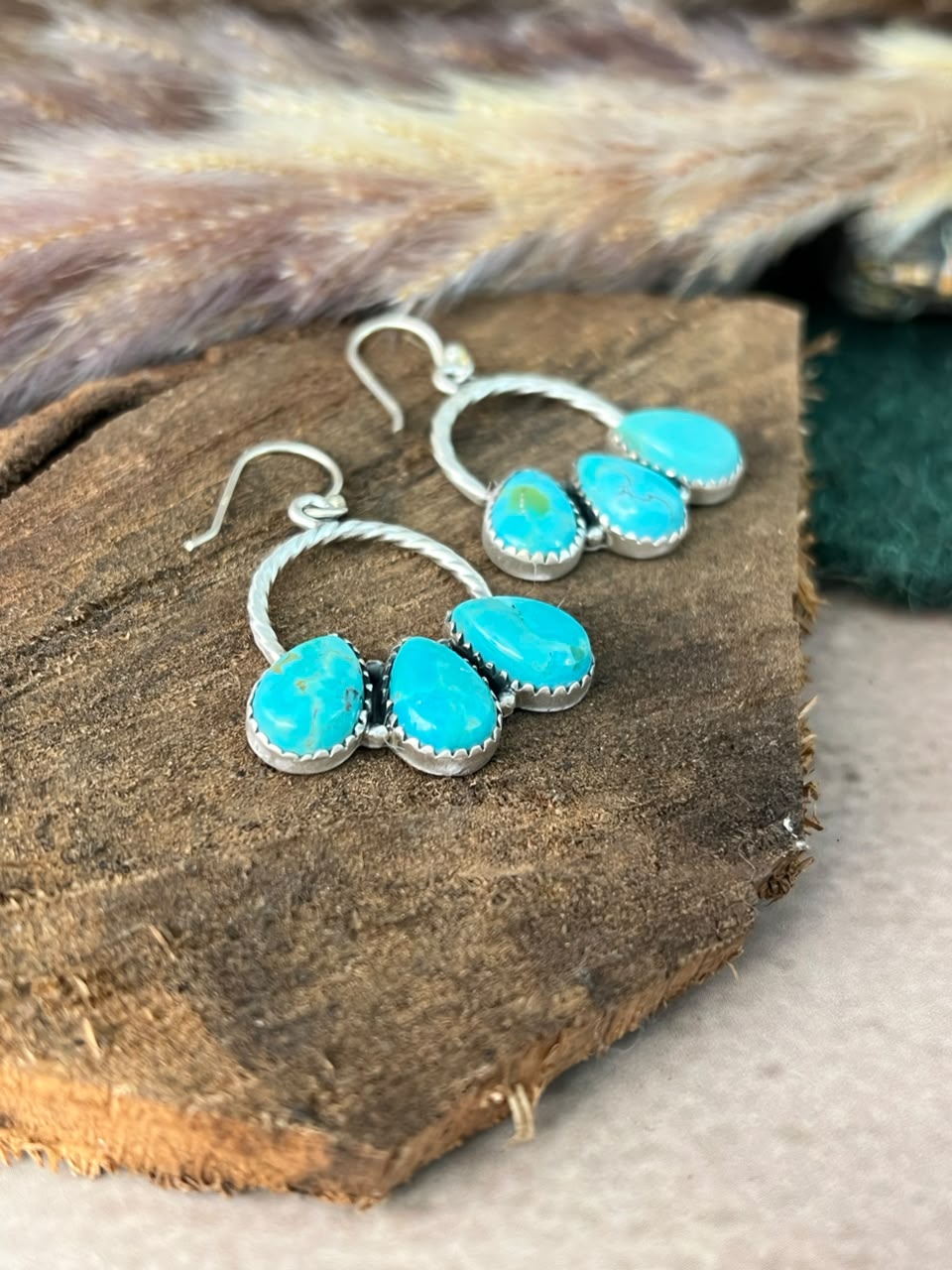 Handmade Sterling Silver Kingman Turquoise Hook Dangle Earrings Signed Nizhoni