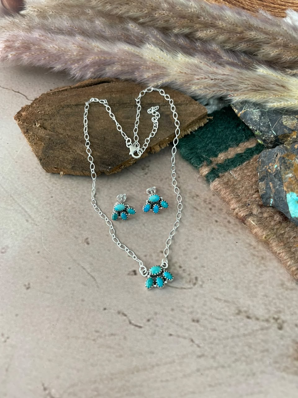 Handmade Sterling Silver Kingman Turquoise Necklace and Earrings Set Signed Nizhoni