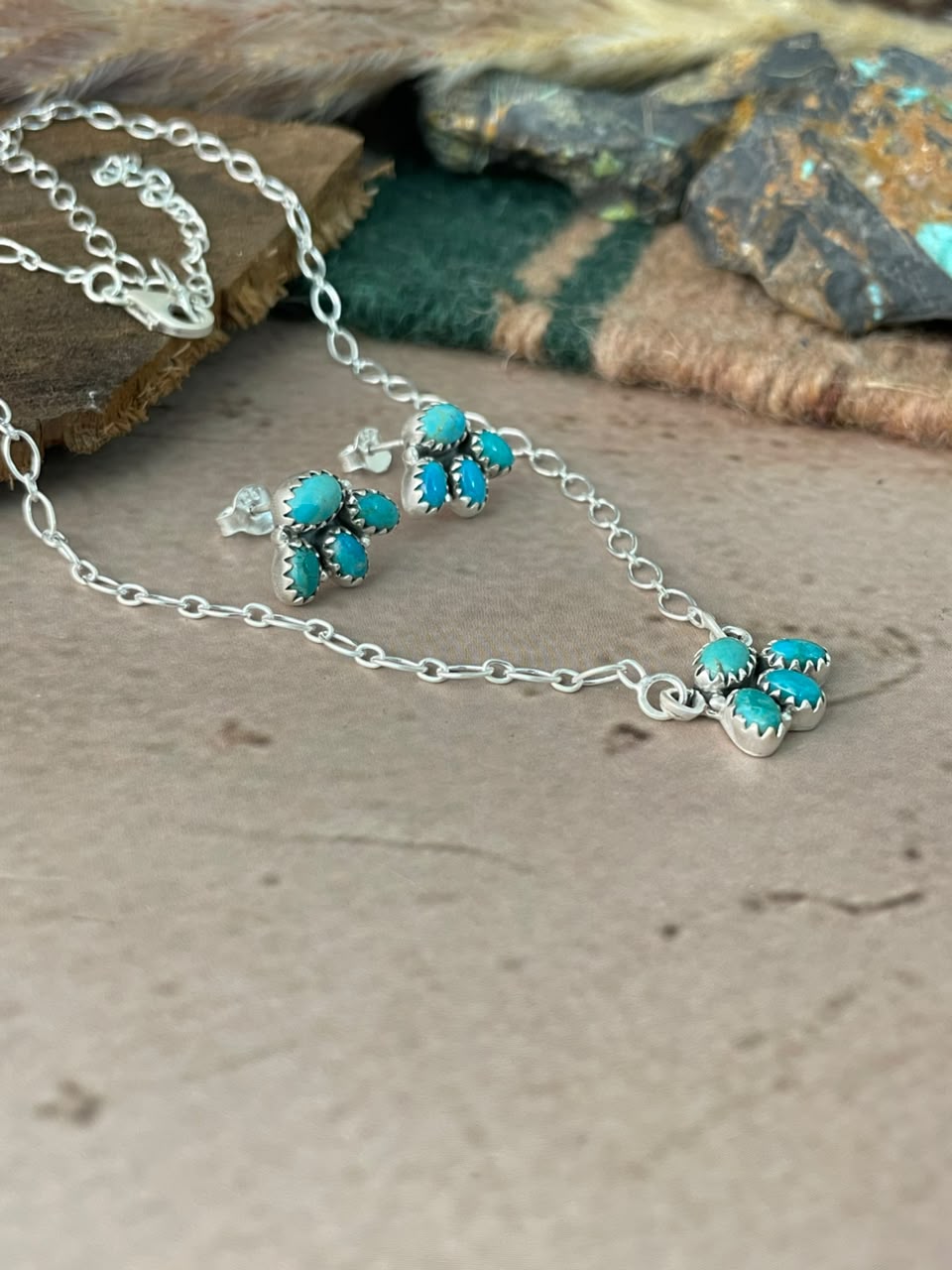 Handmade Sterling Silver Kingman Turquoise Necklace and Earrings Set Signed Nizhoni