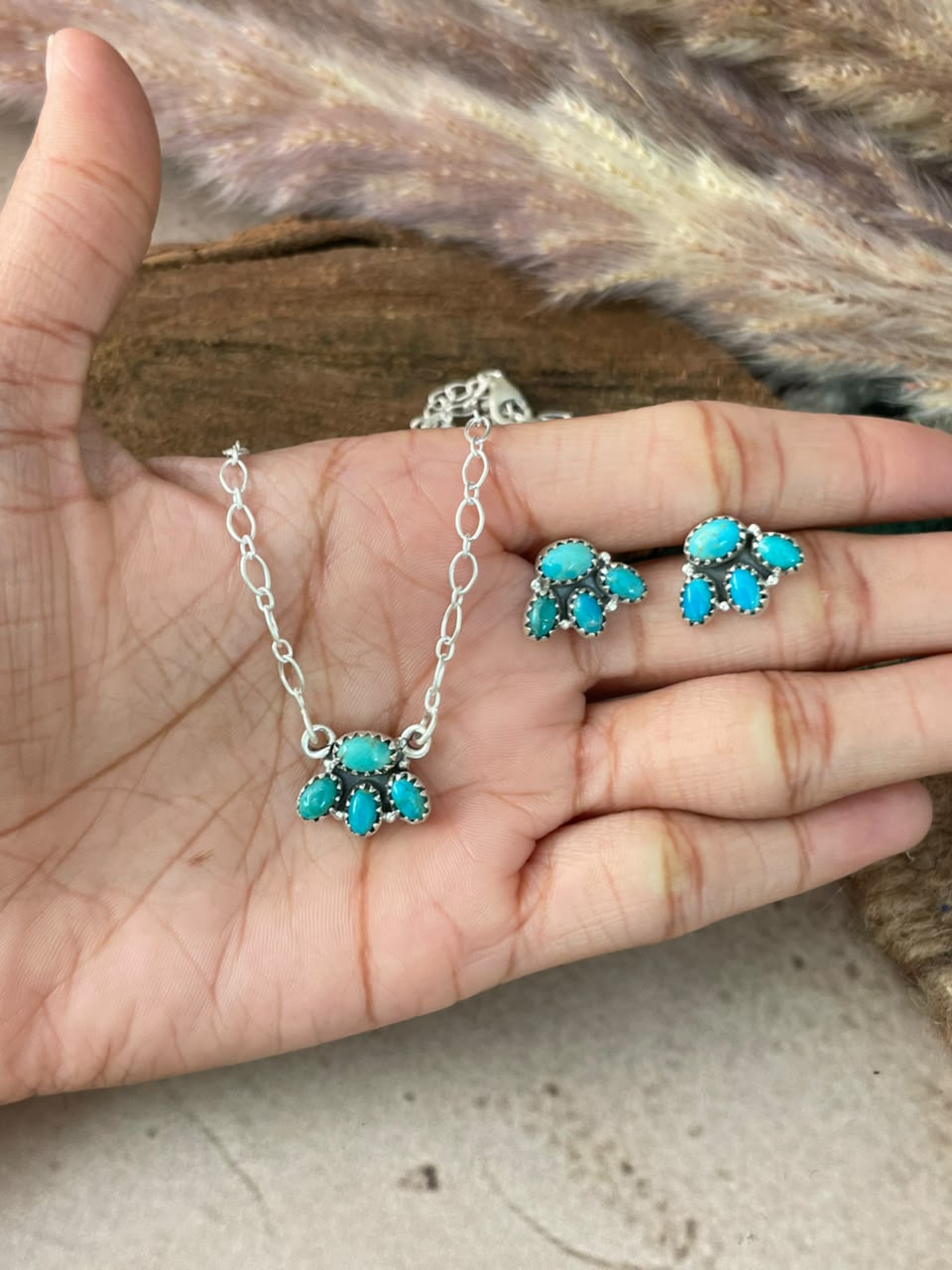 Handmade Sterling Silver Kingman Turquoise Necklace and Earrings Set Signed Nizhoni