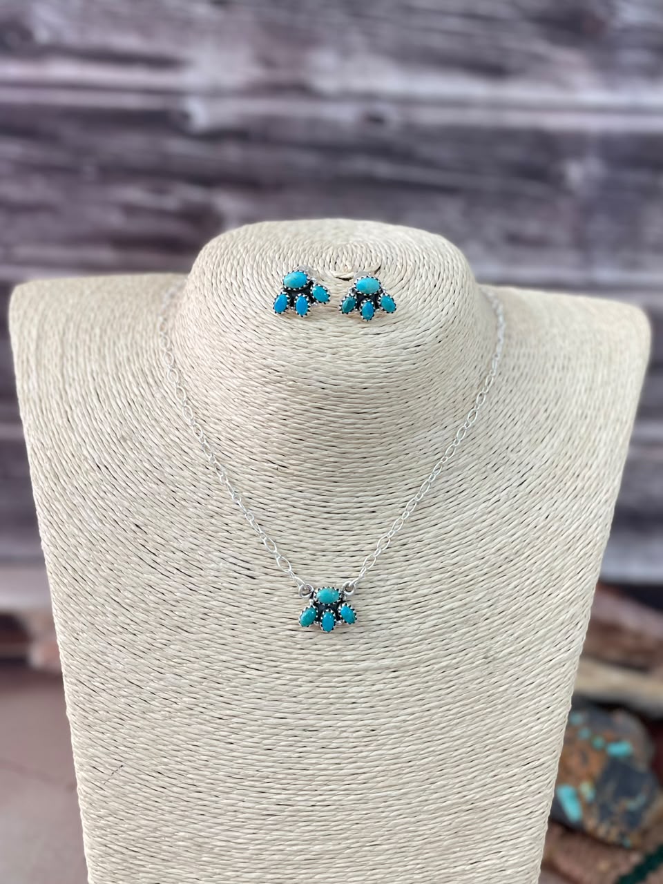 Handmade Sterling Silver Kingman Turquoise Necklace and Earrings Set Signed Nizhoni