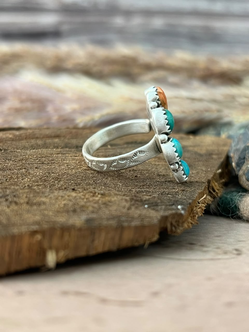 Handmade Sterling Silver Kingman Turquoise with Orange Mojave Naja Adjustable Ring Signed Nizhoni