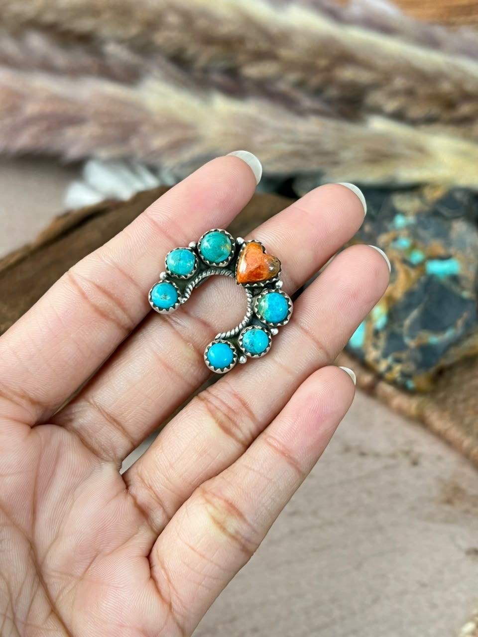 Handmade Sterling Silver Kingman Turquoise with Orange Mojave Naja Adjustable Ring Signed Nizhoni