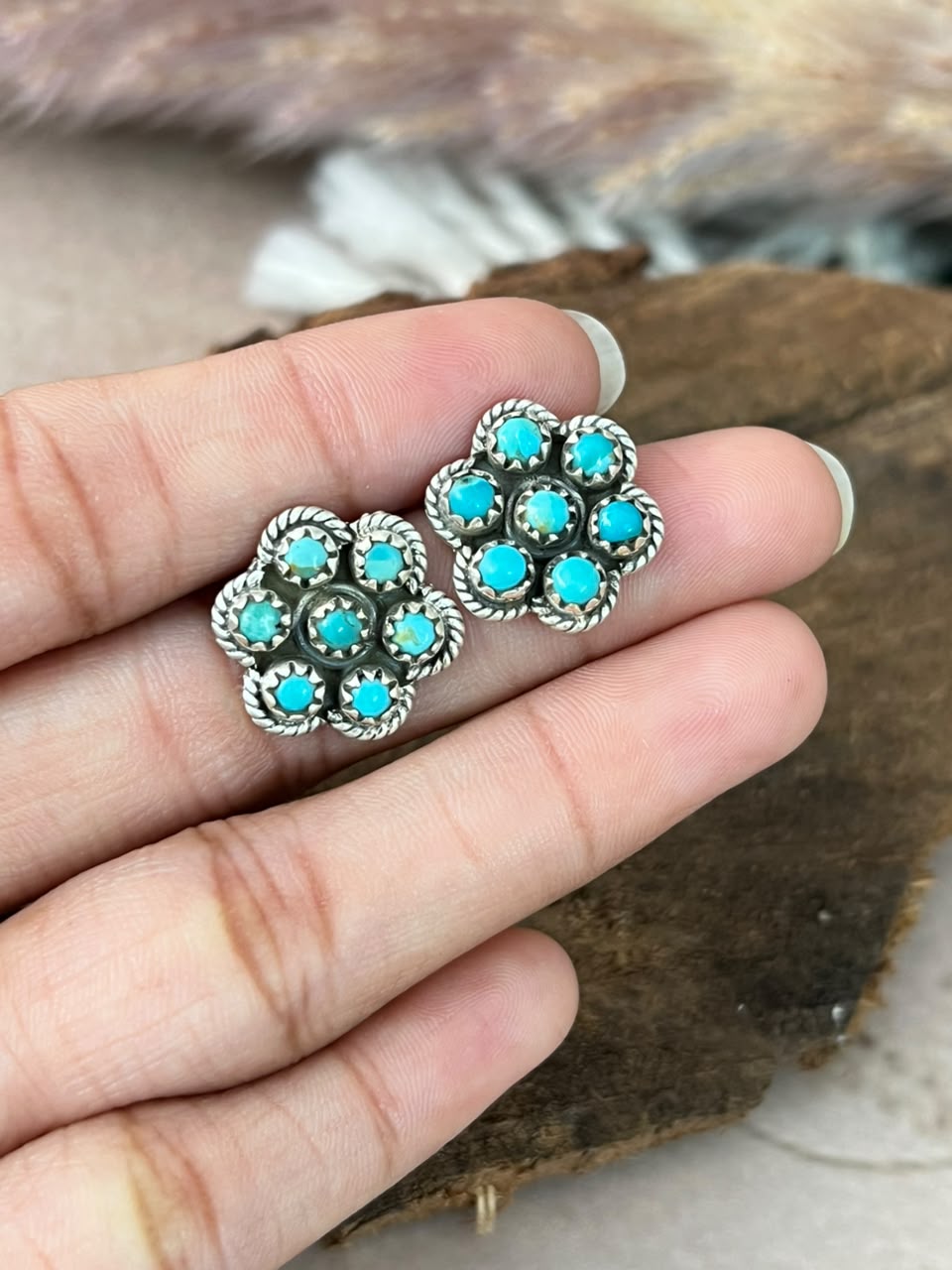 Handmade Sterling Silver Kingman Turquoise Post Studs Earrings Signed Nizhoni