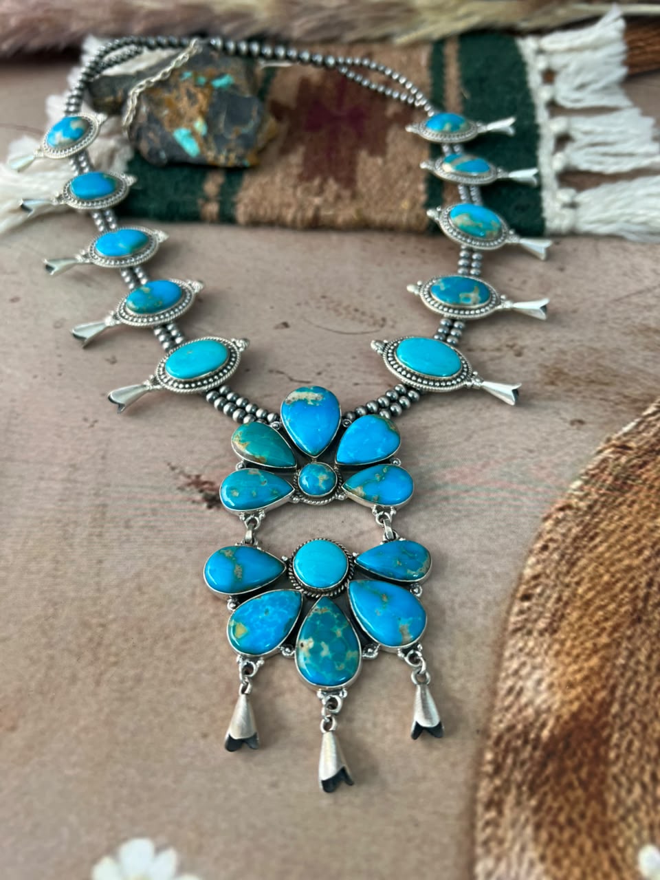 Handmade Sterling Silver Hardy Pit Collection: Beaded Squash Blossom Necklace Signed Nizhoni