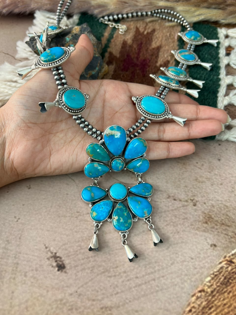 Handmade Sterling Silver Hardy Pit Collection: Beaded Squash Blossom Necklace Signed Nizhoni