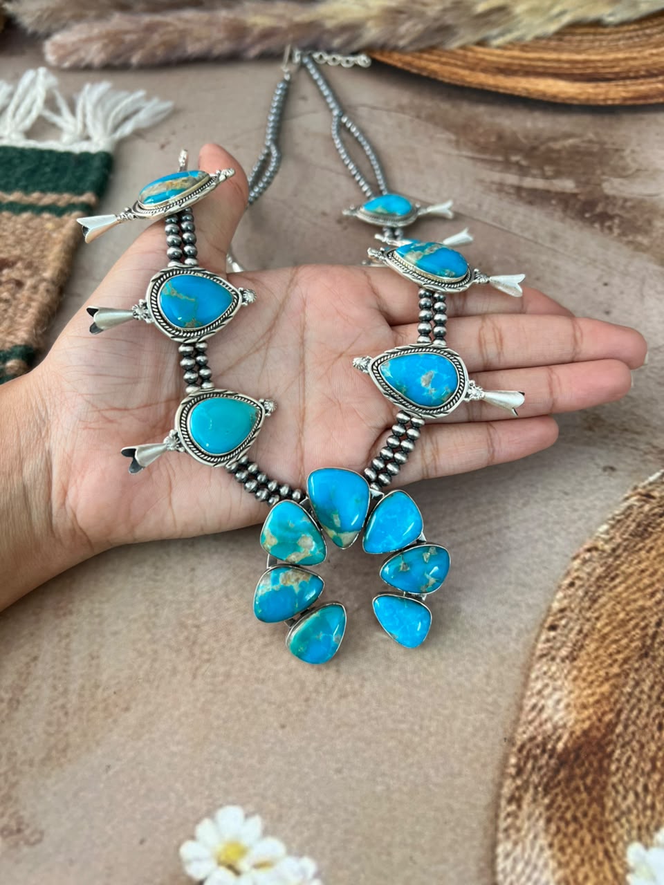 Handmade Sterling Silver Hardy Pit Collection: Beaded Squash Blossom Naja Necklace Signed Nizhoni