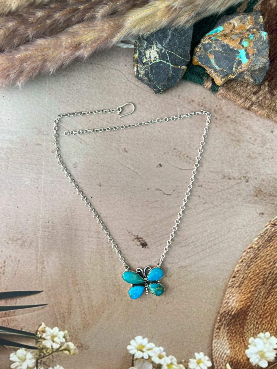 Handmade Sterling Silver Hardy Pit Collection: Butterfly Necklace Signed Nizhoni
